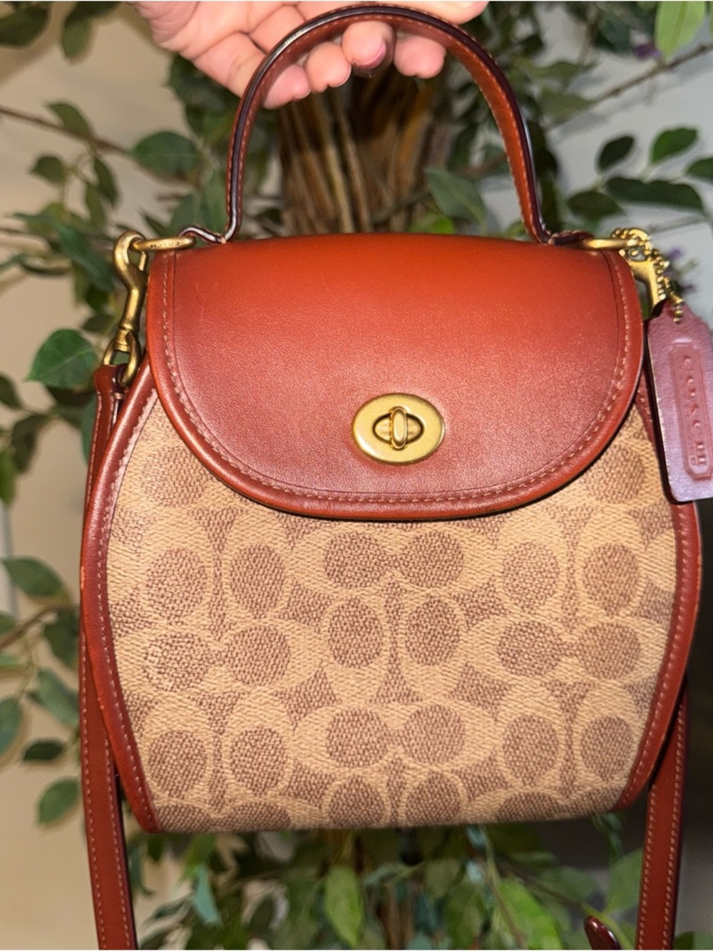Coach Originals Turnlock Curved Top Handle Crossbody Signature C Canvas Tan